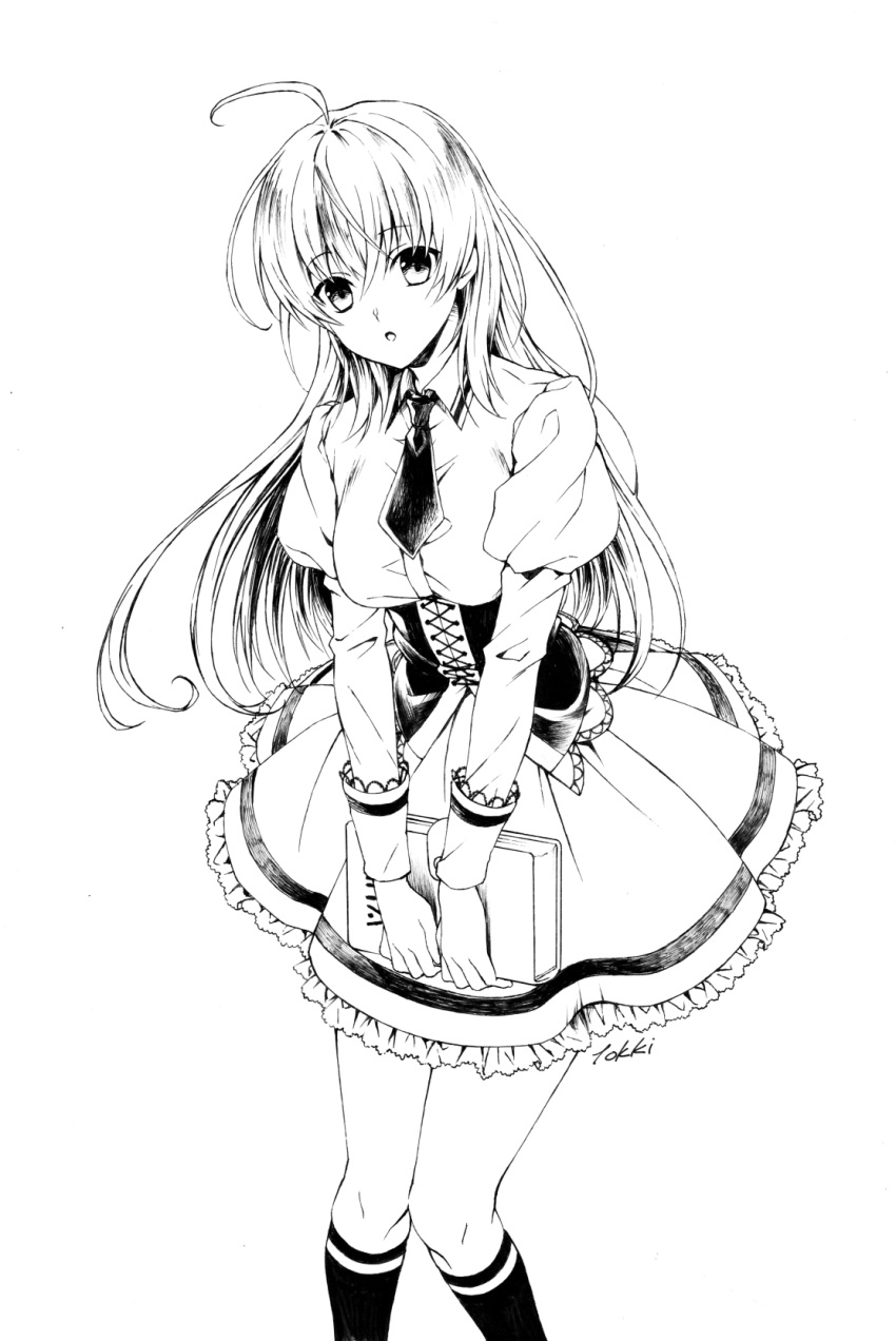 1girl ahoge black_legwear book breasts collared_shirt corset dress eyebrows_visible_through_hair frilled_dress frills greyscale hair_between_eyes highres holding holding_book juliet_sleeves kneehighs knees_together_feet_apart large_breasts long_sleeves looking_at_viewer monochrome necktie original parted_lips puffy_sleeves shirt solo standing tokki v_arms
