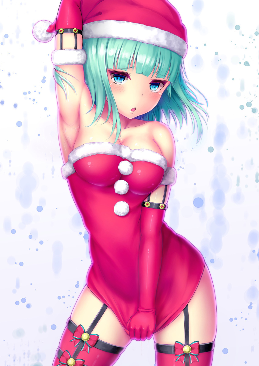 1girl absurdres ange_vierge aqua_hair armpits asamurasaki bangs bare_shoulders blue_eyes blunt_bangs blush breasts character_request christmas cleavage dress elbow_gloves garter_straps gloves hat highres looking_at_viewer medium_breasts open_mouth red_legwear santa_costume santa_hat skirt skirt_pull sleeveless solo standing thigh-highs zettai_ryouiki