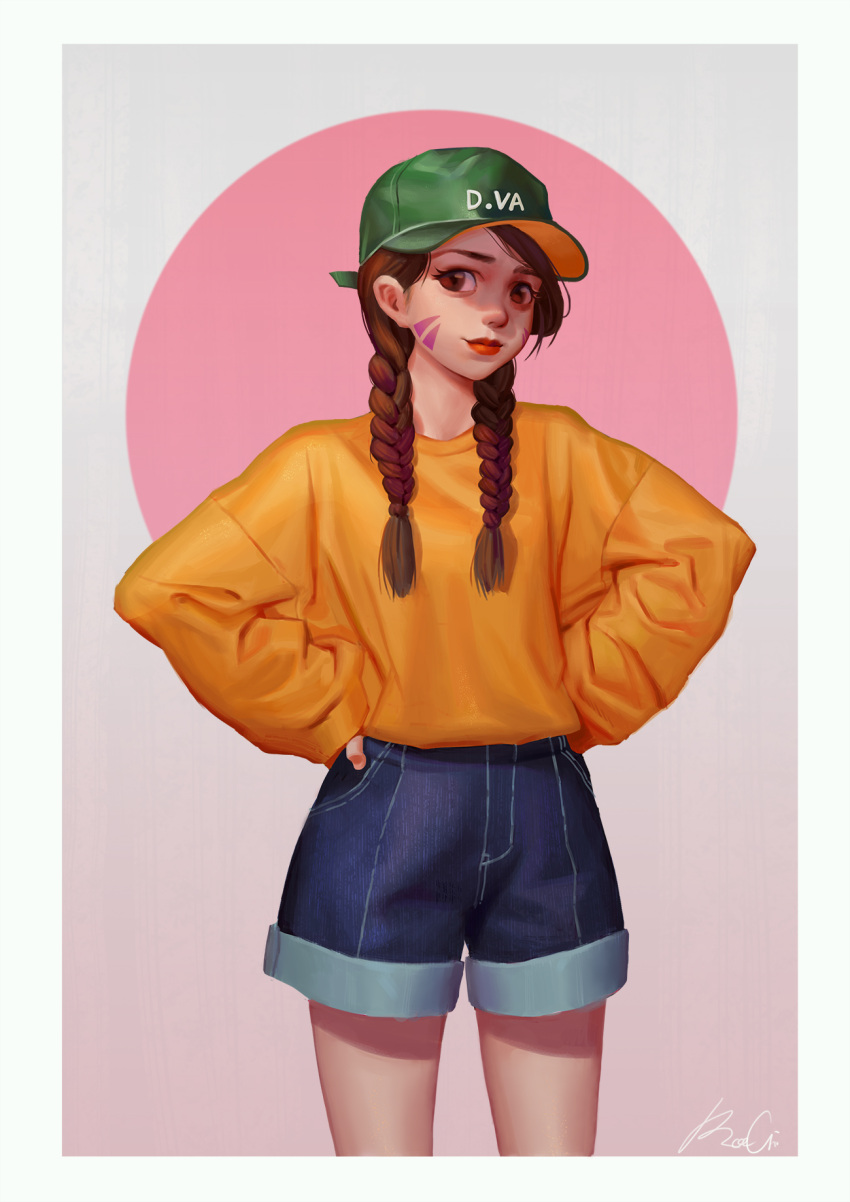 1girl alternate_hairstyle blue_shorts braid brown_eyes brown_hair casual character_name cowboy_shot d.va_(overwatch) facepaint facial_mark green_hat hands_on_hips hat highres lips long_hair long_sleeves looking_at_viewer nose orange_shirt overwatch red_lips shirt short_shorts shorts signature solo twin_braids whisker_markings