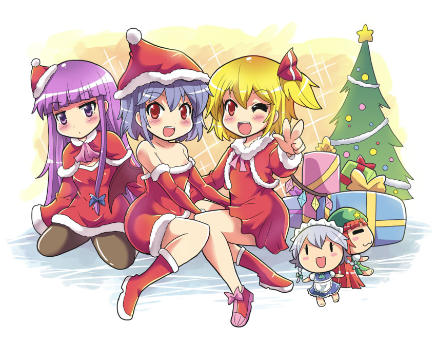 3girls :3 :d ;d ascot bat_wings beret black_legwear blonde_hair box brown_hair capelet character_doll christmas christmas_tree colonel_aki dress female flandre_scarlet gift gift_box hat hong_meiling izayoi_sakuya long_hair looking_at_viewer maid multiple_girls off-shoulder_dress off_shoulder one_eye_closed open_mouth orange_eyes pantyhose patchouli_knowledge plant purple_hair red_dress remilia_scarlet santa_costume santa_hat short_hair silver_hair sitting smile sparkle touhou v violet_eyes wariza wings