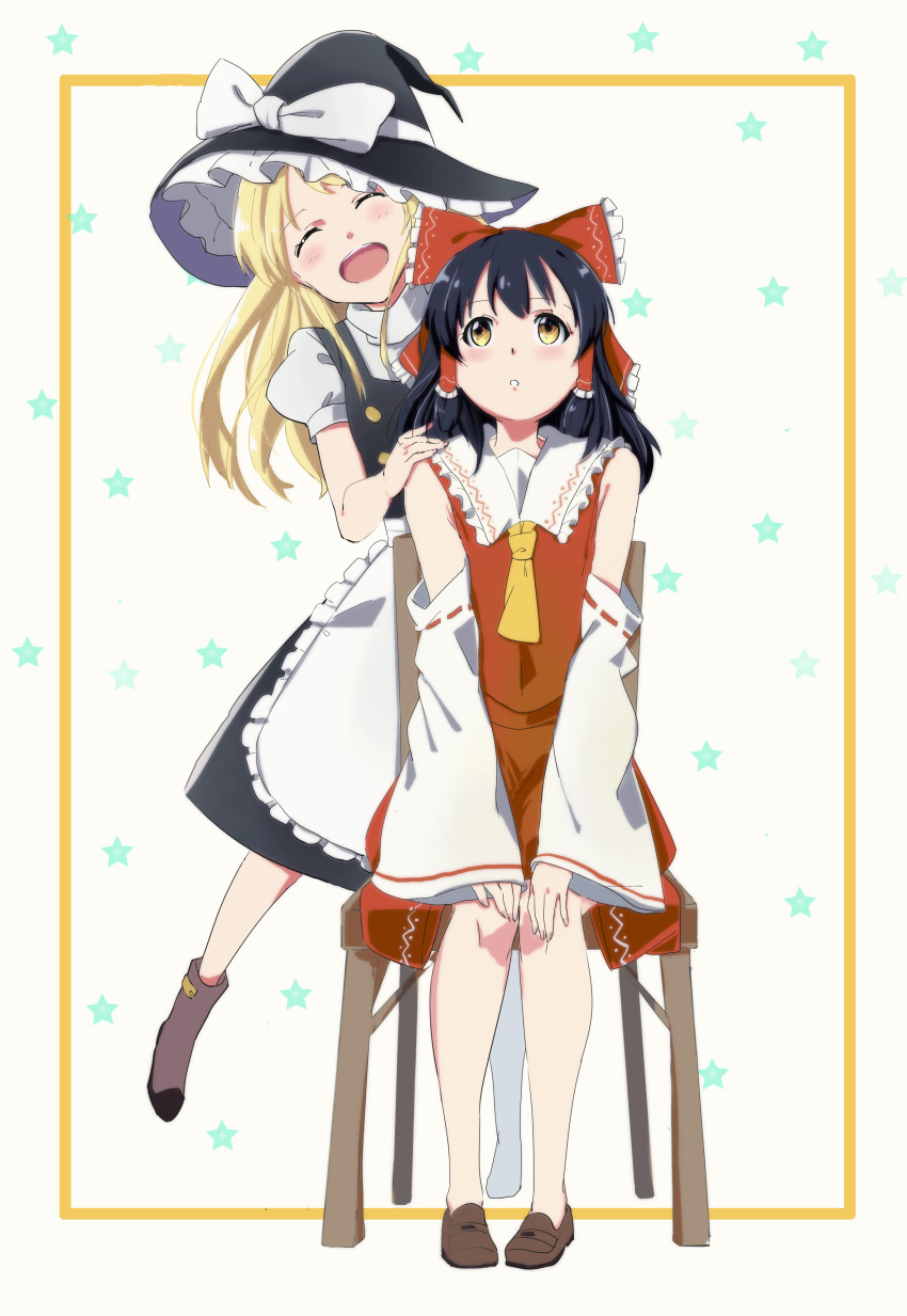 2girls :d :o absurdres ahoge ankle_boots apron ascot bangs bare_shoulders black_dress black_hair blonde_hair boots bow brown_boots brown_shoes chair closed_eyes collared_shirt detached_sleeves dress dress_shirt eyebrows eyebrows_visible_through_hair frilled_bow frills full_body hair_bow hair_ornament hair_ribbon hair_tubes hakurei_reimu hand_on_another's_shoulder hat hat_bow highres kirisame_marisa liangsos long_hair multiple_girls open_mouth puffy_short_sleeves puffy_sleeves red_bow red_ribbon red_shirt red_skirt ribbon ribbon-trimmed_sleeves ribbon_trim shirt shoes short_sleeves sidelocks sitting skirt skirt_set sleeveless sleeveless_shirt smile socks standing standing_on_one_leg star starry_background teeth touhou vest waist_apron white_bow white_shirt wide_sleeves witch witch_hat yellow_eyes