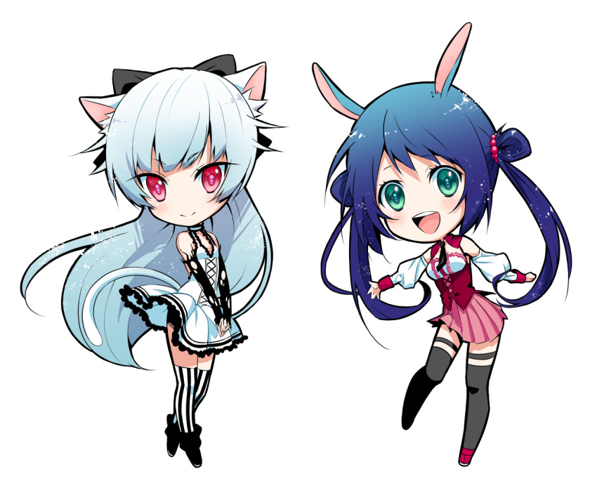 2girls :d animal_ears bangs bare_shoulders beads black_boots black_bow black_necktie blue_hair blush boots bow bunny_girl cat_ears cat_girl cat_tail chibi corset detached_collar detached_sleeves double_bun dress frilled_dress frills hair_beads hair_bow hair_flaps hair_ornament looking_at_viewer multiple_girls necktie open_mouth original over-kneehighs own_hands_together pink_skirt pleated_skirt puffy_sleeves rabbit_ears red_eyes red_shoes shoes silver_hair simple_background skirt smile solo standing standing_on_one_leg striped striped_legwear tail teeth thigh-highs thigh_strap tokki twintails v_arms vertical-striped_legwear vertical_stripes white_background white_dress