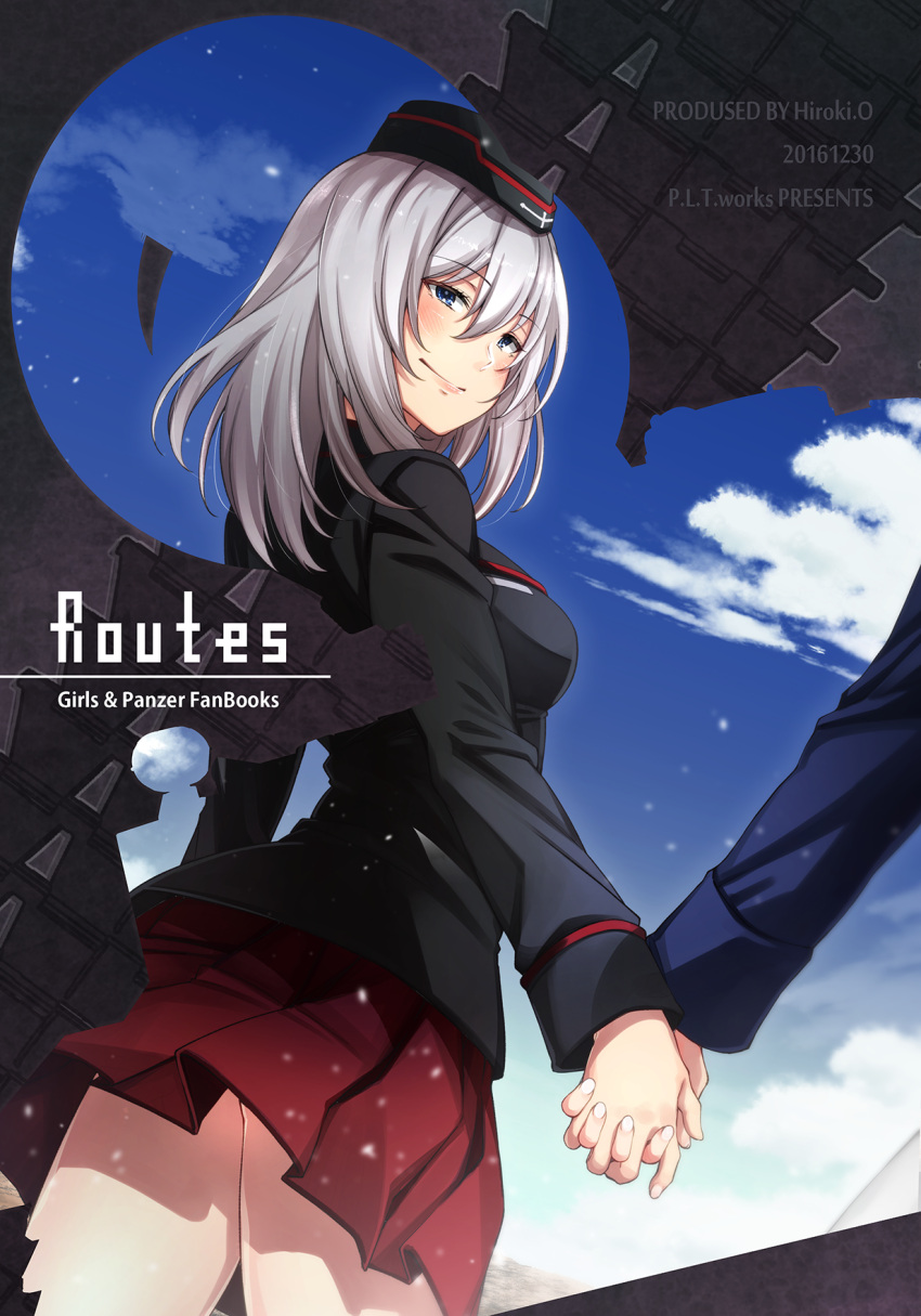 2girls bangs black_hat black_jacket blue_eyes closed_mouth clouds cloudy_sky copyright_name cover cover_page cowboy_shot dated doujin_cover english garrison_cap girls_und_panzer hand_holding hat highres itsumi_erika jacket light_smile long_hair long_sleeves looking_at_another military military_hat military_uniform miniskirt multiple_girls ohara_hiroki outdoors pleated_skirt red_skirt silver_hair skirt sky standing uniform