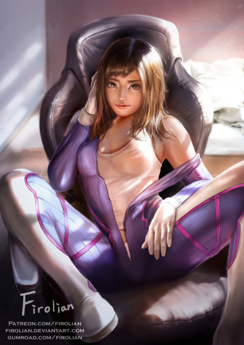 1girl animal_print artist_name bangs blue_bodysuit bodysuit boots bracer breasts brown_eyes brown_hair bunny_print chair couch d.va_(overwatch) facepaint facial_mark firolian gloves hand_on_own_head high_collar highres indoors light_rays lips long_hair looking_at_viewer nose office_chair overwatch panties pilot_suit pink_panties realistic ribbed_bodysuit shirt shoulder_pads signature sitting skin_tight small_breasts solo spread_legs swept_bangs tank_top underwear undressing unzipped watermark wavy_hair web_address whisker_markings white_boots white_gloves white_shirt