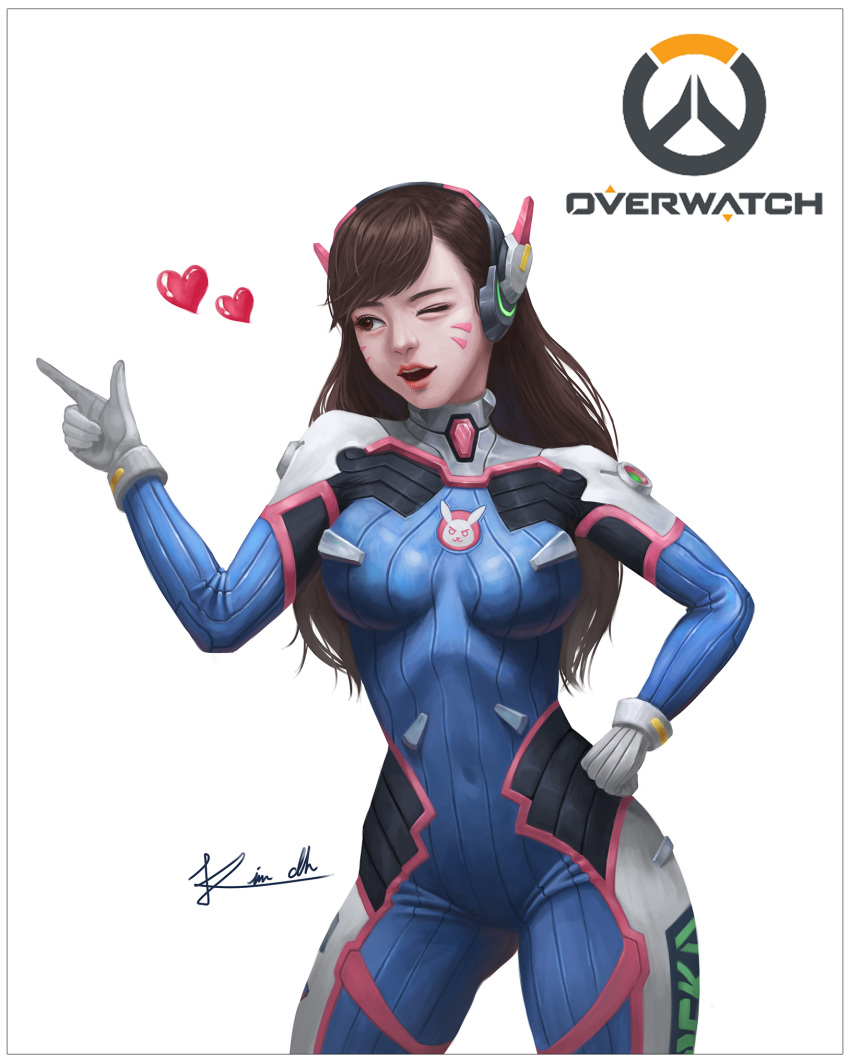 1girl acronym animal_print bangs blue_bodysuit bodysuit boots bracer breasts breasts_apart brown_eyes brown_hair bunny_print copyright_name covered_navel cowboy_shot d.va_(overwatch) donghyeon_kim emblem eyelashes facepaint facial_mark gloves hand_on_hip headphones heart highres index_finger_raised legs_apart lips logo long_hair looking_to_the_side medium_breasts nose one_eye_closed open_mouth overwatch pauldrons pilot_suit pink_lips realistic ribbed_bodysuit shoulder_pads signature simple_background skin_tight smile solo spoken_heart swept_bangs thigh-highs thigh_boots thigh_strap turtleneck whisker_markings white_background white_gloves