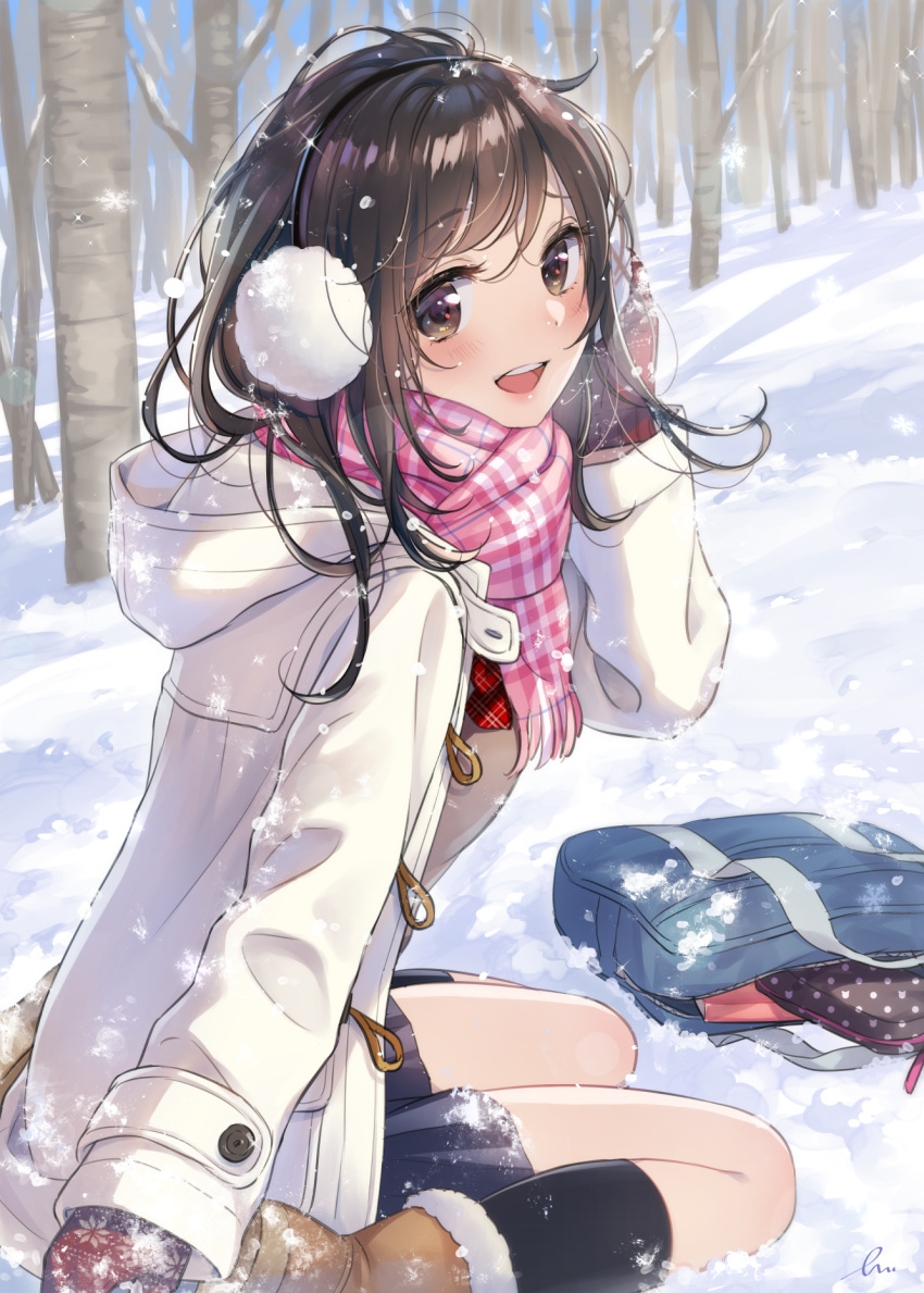 1girl :d ankle_boots black_legwear blue_skirt blush boots brown_boots brown_eyes brown_hair coat earmuffs fur-trimmed_boots fur_trim hand_on_earmuffs highres hood hood_down hooded_coat kneehighs knees_together_feet_apart long_hair long_sleeves looking_at_viewer messy_hair miniskirt morikura_en open_bag open_clothes open_coat open_mouth original outdoors pencil_case pink_scarf plaid plaid_scarf round_teeth scarf sitting skirt smile snow teeth tree unzipped wariza white_coat winter winter_clothes winter_coat zipper