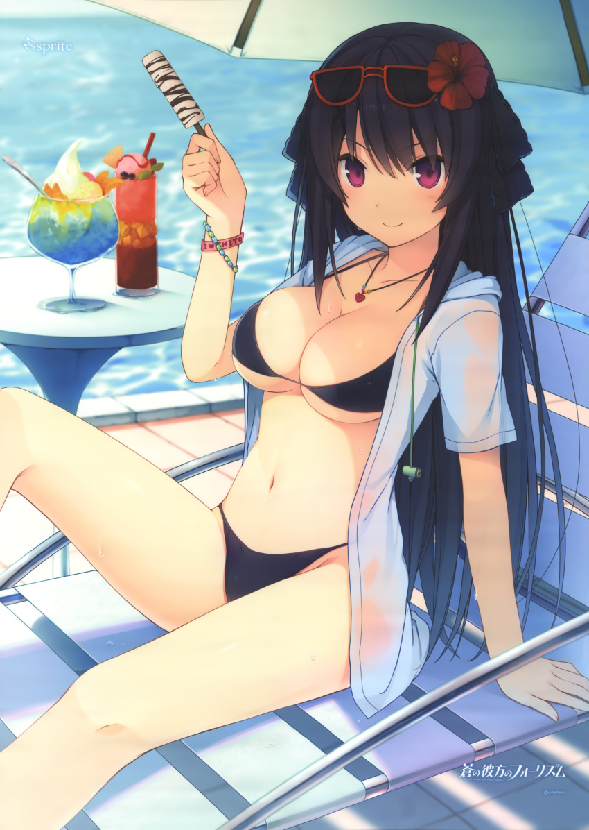 1girl absurdres akinashi_yuu ao_no_kanata_no_four_rhythm arm_support bikini black_bikini black_hair blush breasts cleavage flower food hair_ornament hibiscus highres hood hooded_jacket jacket jewelry large_breasts leaning_back leg_up long_hair looking_at_viewer navel necklace outdoors pendant popsicle scan sitting smile solo sunglasses sunglasses_on_head sweat swimsuit tobisawa_misaki violet_eyes wristband