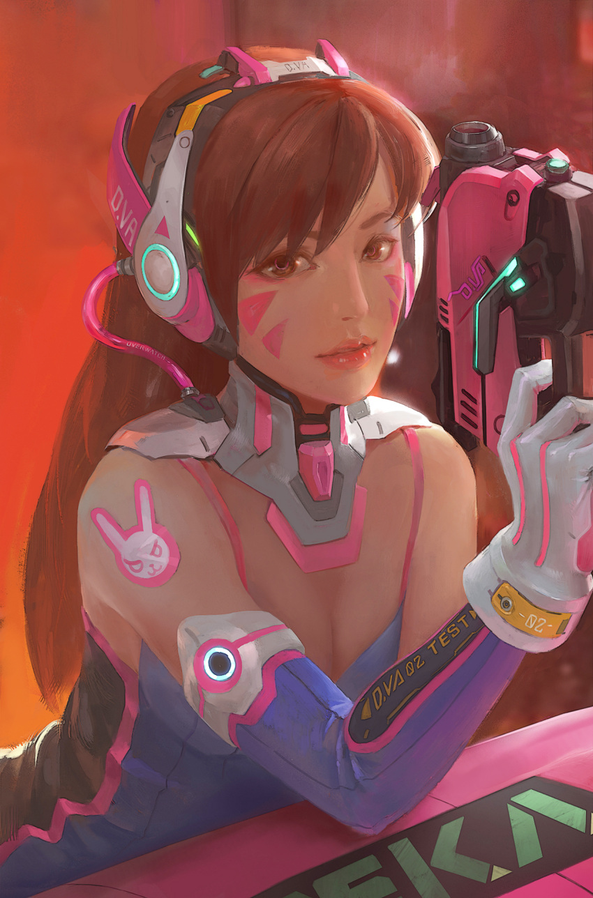 1girl adapted_costume against_object animal_print backlighting bangs bare_shoulders bodysuit bracer breasts brown_eyes brown_hair bunny_print character_name cleavage clothes_writing d.va_(overwatch) detached_sleeves elbow_gloves facepaint facial_mark finger_on_trigger gloves gun hand_up handgun headphones highres holding holding_gun holding_weapon hose leaning_forward lipstick long_hair looking_at_viewer makeup md5_mismatch mecha meka_(overwatch) mu_ye_jun nose overwatch parted_lips pilot_suit pink_lips pink_lipstick pistol purple_gloves realistic ribbed_bodysuit shoulder_pads skin_tight sleeveless small_breasts smile solo sticker strap swept_bangs turtleneck upper_body weapon whisker_markings white_gloves