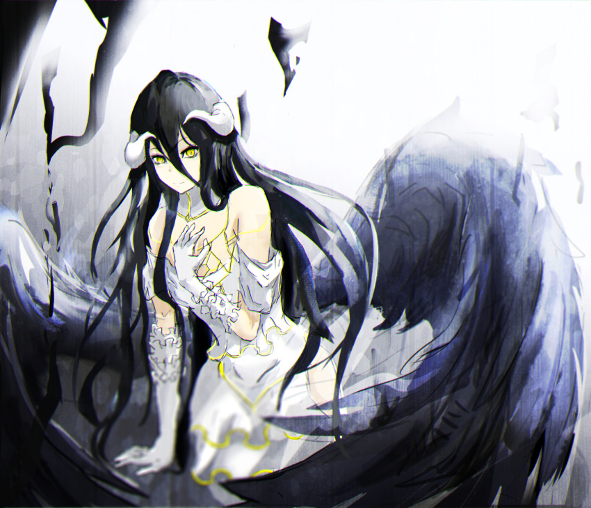 1girl albedo bare_shoulders black_hair black_wings breasts demon_girl demon_horns demon_wings dress gloves hair_between_eyes hand_on_own_chest horns large_breasts large_wings long_hair looking_at_viewer overlord_(maruyama) short_sleeves solo thigh-highs white_dress white_gloves wings yellow_eyes yuyumememe