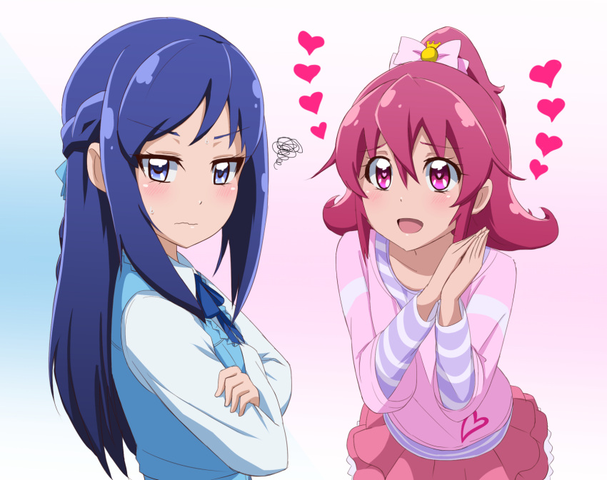 2girls acchi_(koiyimknp) aida_mana blue_bow blue_eyes blue_hair blush bow crossed_arms dokidoki!_precure frilled_skirt frills hair_bow hands_clasped heart high_ponytail highres hishikawa_rikka long_hair looking_at_another looking_away multiple_girls open_mouth pink_eyes precure short_hair skirt smile sweatdrop yuri