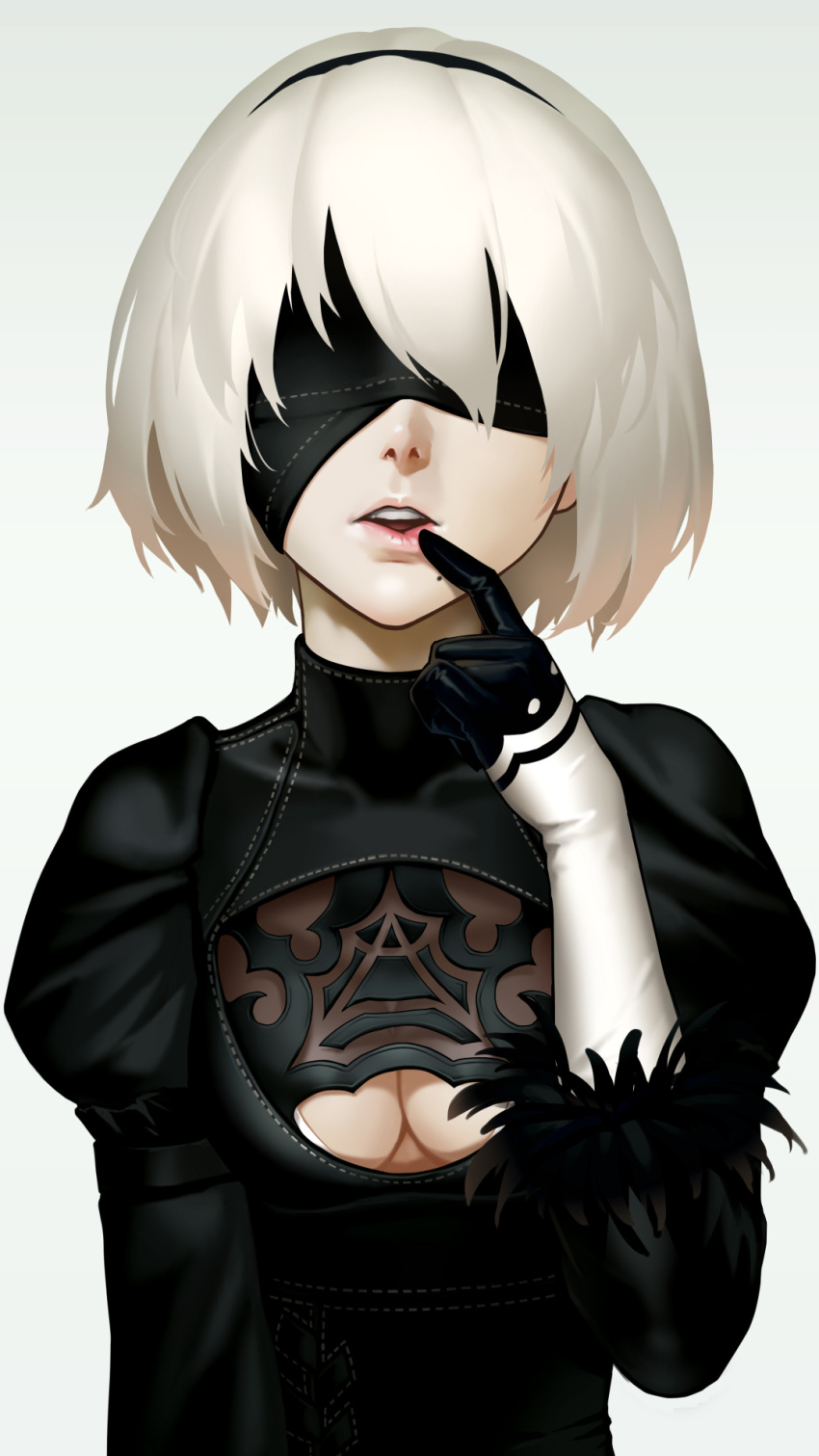 1girl as109 blindfold breasts cleavage_cutout finger_to_mouth gloves hairband highres mole nier_(series) nier_automata open_mouth short_hair simple_background solo upper_body white_gloves white_hair yorha_unit_no._2_type_b