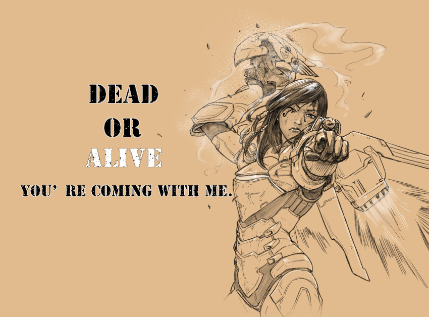 1girl arm_up armor brown_background clenched_hand commentary cowboy_shot english eye_of_horus facial_mark facial_tattoo flying hair_tubes headwear_removed helmet helmet_removed highres holding holding_helmet jetpack lips looking_at_viewer mechanical_wings monochrome multiple_monochrome nose one_eye_closed overwatch pharah_(overwatch) power_armor rio_skywalker side_braids simple_background smoke solo tattoo wings
