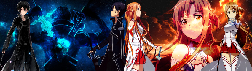 &gt;:( &gt;:) 1boy 1girl :d black_hair brown_eyes brown_hair d: duo gradient_background highres kirito long_hair looking_at_viewer red_eyes short_hair skirt sword_art_online swords tagme yuuki_asuna