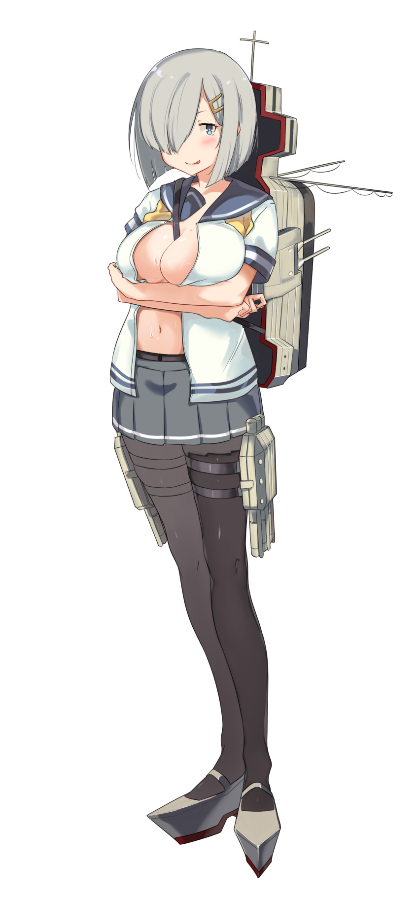 1girl ;q absurdres between_breasts black_legwear blue_eyes blush breast_hold breast_rest breasts cleavage crossed_arms full_body hair_ornament hair_over_one_eye hairclip hamakaze_(kantai_collection) highres kantai_collection kei_(soundcross) large_breasts legs_together looking_at_viewer machinery miniskirt nail_polish neckerchief one_eye_closed open_clothes open_shirt pantyhose pleated_skirt rigging sailor_collar school_uniform serafuku shirt shoes short_hair short_sleeves silver_hair simple_background skirt smile solo standing sweat thigh_strap tongue tongue_out white_background