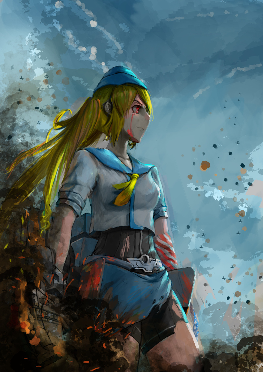 1girl absurdres aircraft american_flag blonde_hair blood blood_on_face bloody_tears blue_hat blue_sky bodysuit broken closed_mouth collarbone cowboy_shot damaged fire garrison_cap hat highres iowa_(iowa_in_rest) johnston_(zhan_jian_shao_nyu) long_hair looking_to_the_side machinery outdoors red_eyes sailor_collar shirt short_sleeves shorts sky smoke solo torn_clothes twintails white_shirt zhan_jian_shao_nyu