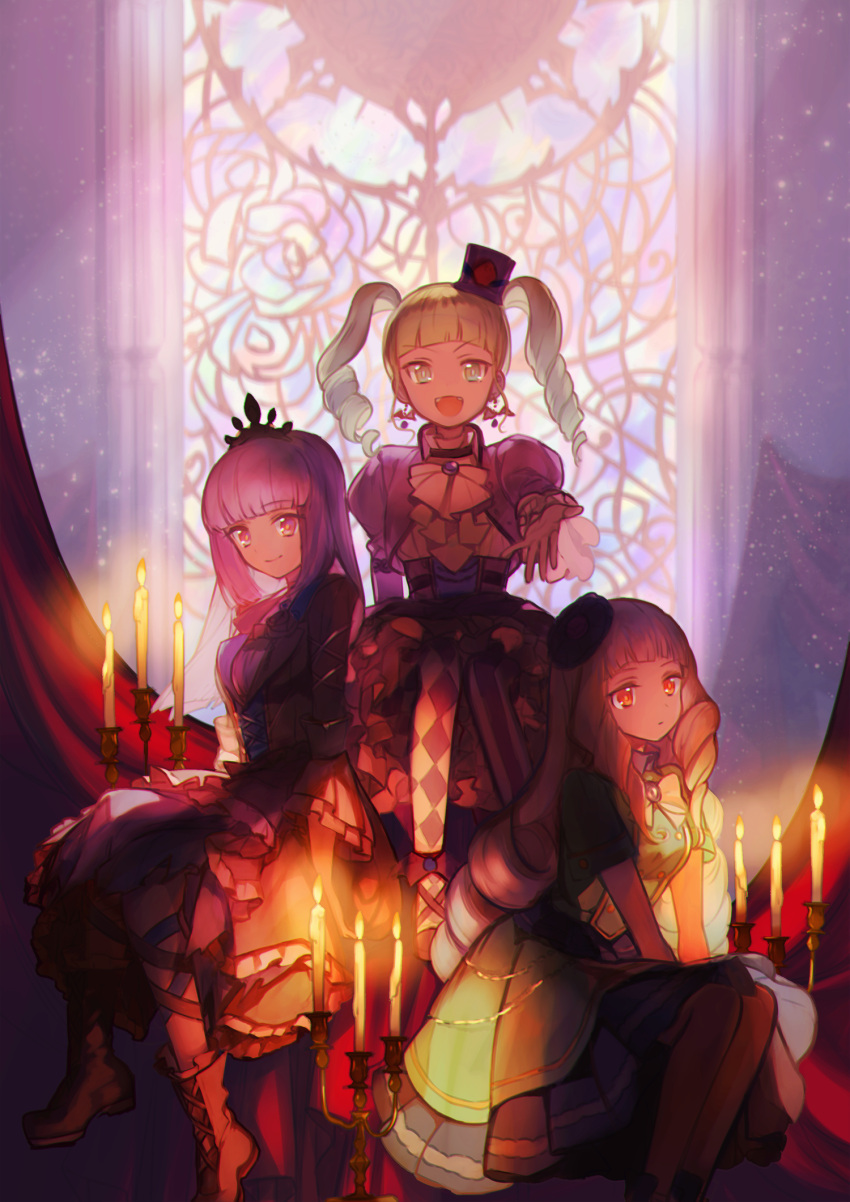 3girls :d aikatsu! aikatsu_stars! argyle argyle_legwear bangs blonde_hair blunt_bangs boots candle crown dress earrings fangs halloween hat highres hikami_sumire jewelry long_hair looking_at_viewer mini_hat mini_top_hat multiple_girls open_mouth outstretched_arm purple_hair shirogane_lilly sitting smile stained_glass top_hat toudou_yurika twintails wattaro white_hair