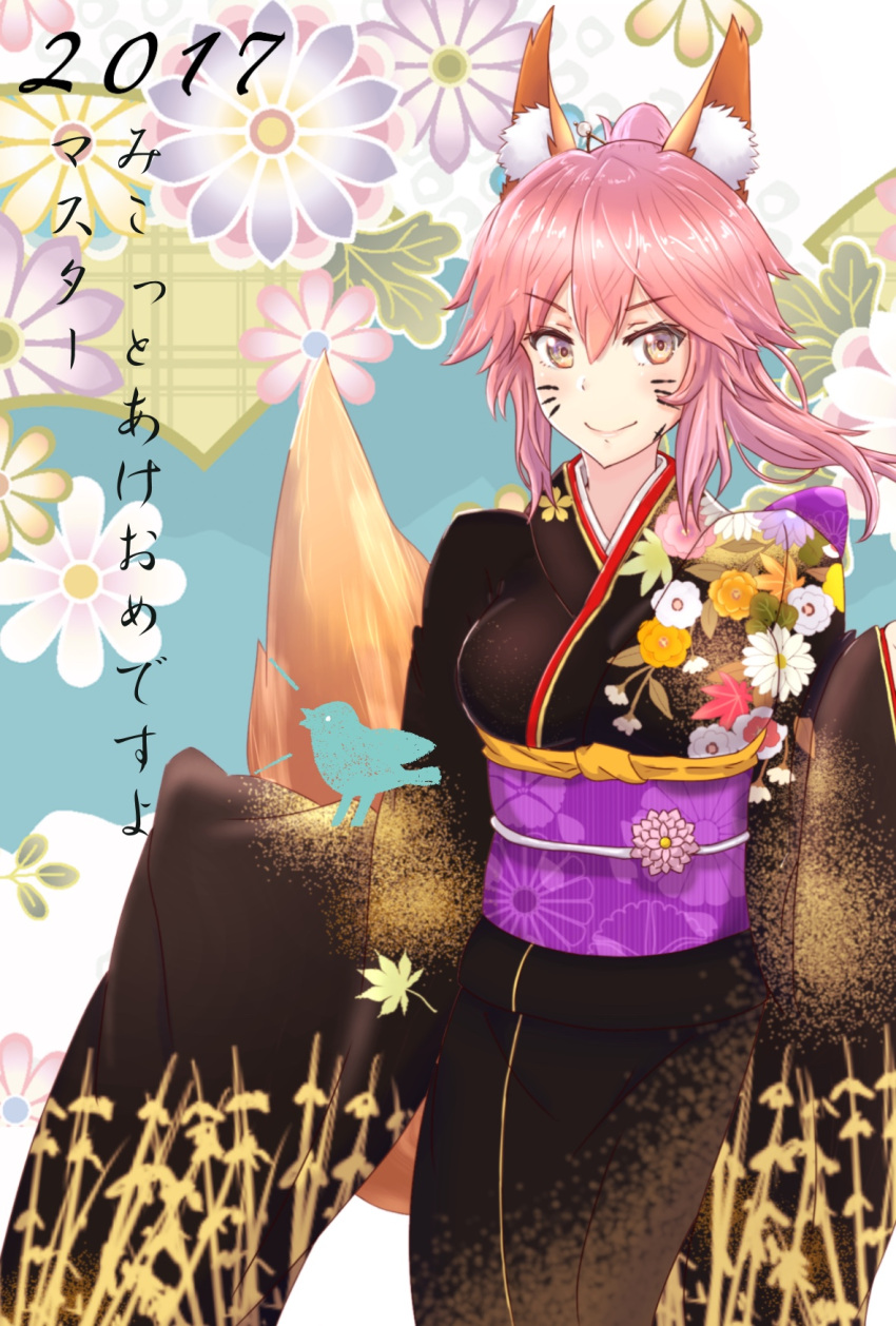 1girl 2017 animal_ears bad_id bad_pixiv_id fate/extra fate_(series) floral_background floral_print fox_ears fox_tail high_ponytail highres japanese_clothes kimono long_sleeves oinari_(koheihei1109) pink_eyes pink_hair smile solo tail tamamo_(fate)_(all) tamamo_no_mae_(fate) translation_request whisker_markings wide_sleeves