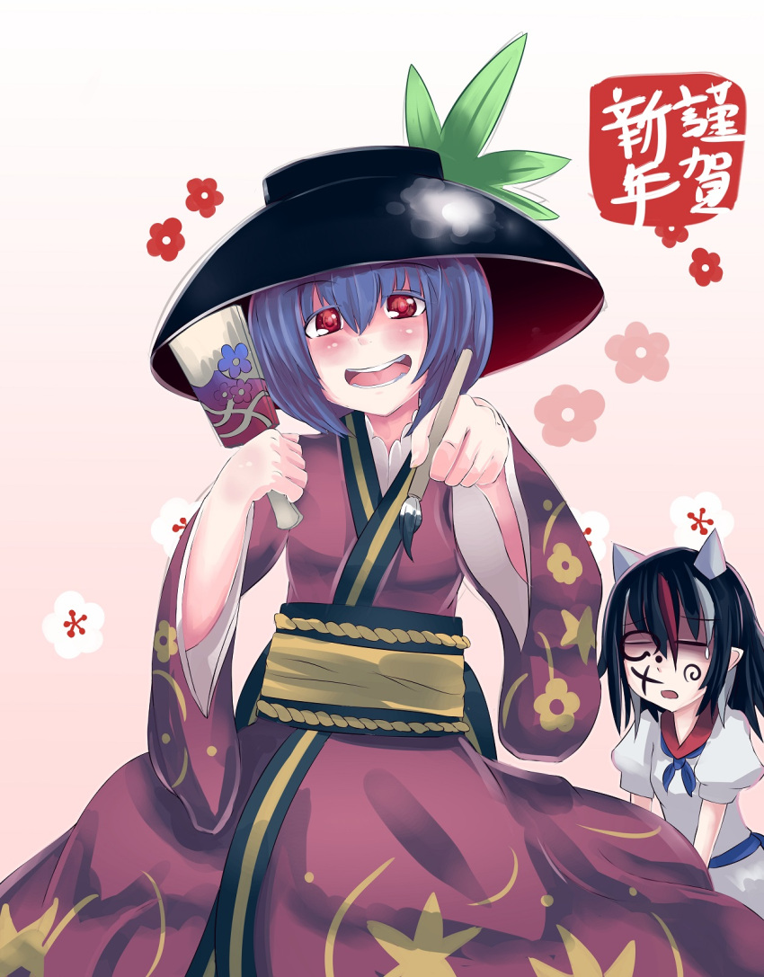 2girls b.d bangs black_hair blush bowl bowl_hat breasts calligraphy_brush closed_eyes colored_eyelashes dress eyes_visible_through_hair floral_background floral_print hair_between_eyes happy happy_new_year hat head_tilt highres horns ink kijin_seija leaf_print long_sleeves looking_at_viewer multicolored_hair multiple_girls new_year obi open_mouth paddle paintbrush pink_background pointy_ears puffy_sleeves purple_hair red_eyes redhead sash short_hair small_breasts smile streaked_hair sukuna_shinmyoumaru tearing_up teeth tongue touhou translated white_dress white_hair wide_sleeves