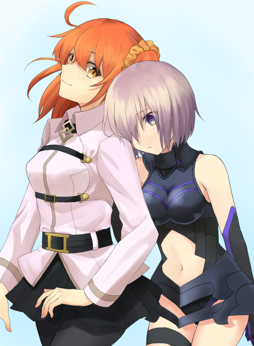 2girls ahoge bare_shoulders blue_background bodysuit breasts elbow_gloves fate/grand_order fate_(series) fujimaru_ritsuka_(female) gloves head_on_another's_shoulder highres looking_at_viewer multiple_girls navel navel_cutout orange_hair pantyhose purple_hair shielder_(fate/grand_order) short_hair single_thighhigh skirt smile thigh-highs thigh_gap usanagi violet_eyes yellow_eyes