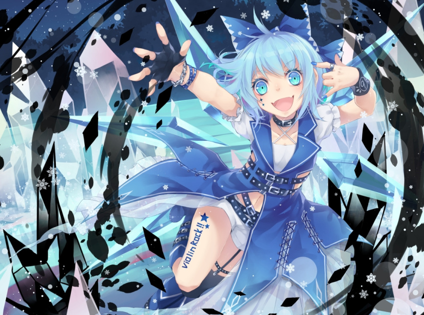 !! (9) 1girl \m/ ahoge alternate_costume arms_up asymmetrical_legwear belt blue_eyes blue_hair blurry bokeh bow bracelet choker cirno collarbone commentary depth_of_field eyelashes facial_mark fangs fingerless_gloves fingernails garter_straps gloves hair_bow ice ice_wings jewelry jumping looking_at_viewer matching_hair/eyes midriff nail_polish navel night open_mouth outstretched_arms puffy_short_sleeves puffy_sleeves punk ring short_hair short_shorts short_sleeves shorts sky snowflakes solo star star_(sky) tattoo touhou toutenkou tree wings