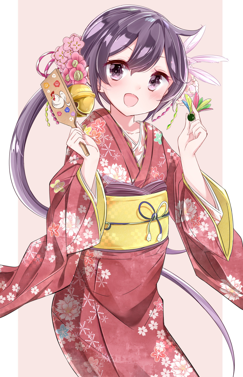 1girl :d absurdres akebono_(kantai_collection) alternate_costume bell blush commentary_request floral_print flower hagoita hair_bell hair_flower hair_ornament hanetsuki highres japanese_clothes kantai_collection kengorou_saemon_ii_sei kimono long_hair open_mouth paddle pink_background purple_hair side_ponytail smile solo two-tone_background very_long_hair violet_eyes white_background yukata