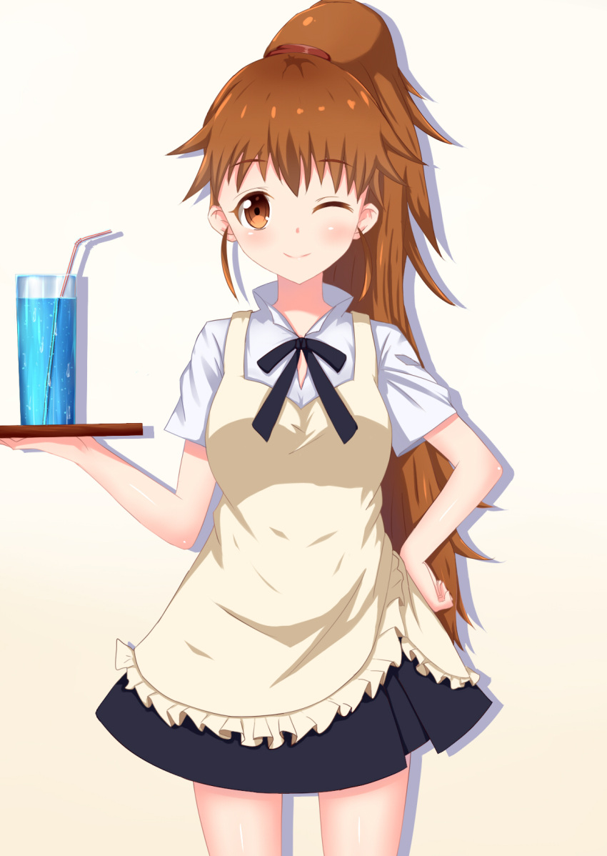 1girl ;) apron black_skirt brown_eyes brown_hair eyebrows_visible_through_hair hand_on_hip high_ponytail highres long_hair one_eye_closed pleated_skirt ponytail rumaki shiny shiny_skin simple_background skirt smile solo taneshima_popura very_long_hair white_background working!!