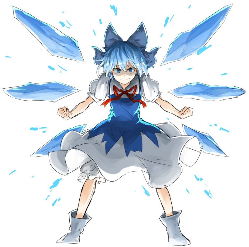 &gt;:) 1girl bloomers blue_bow blue_dress blue_eyes blue_hair bow cirno clenched_hands closed_mouth dress full_body hair_bow ice ice_wings kan_(aaaaari35) looking_at_viewer matching_hair/eyes neck_ribbon puffy_short_sleeves puffy_sleeves red_ribbon ribbon shaded_face shoes short_hair short_sleeves solo standing touhou tsurime underwear white_shoes wing_collar wings