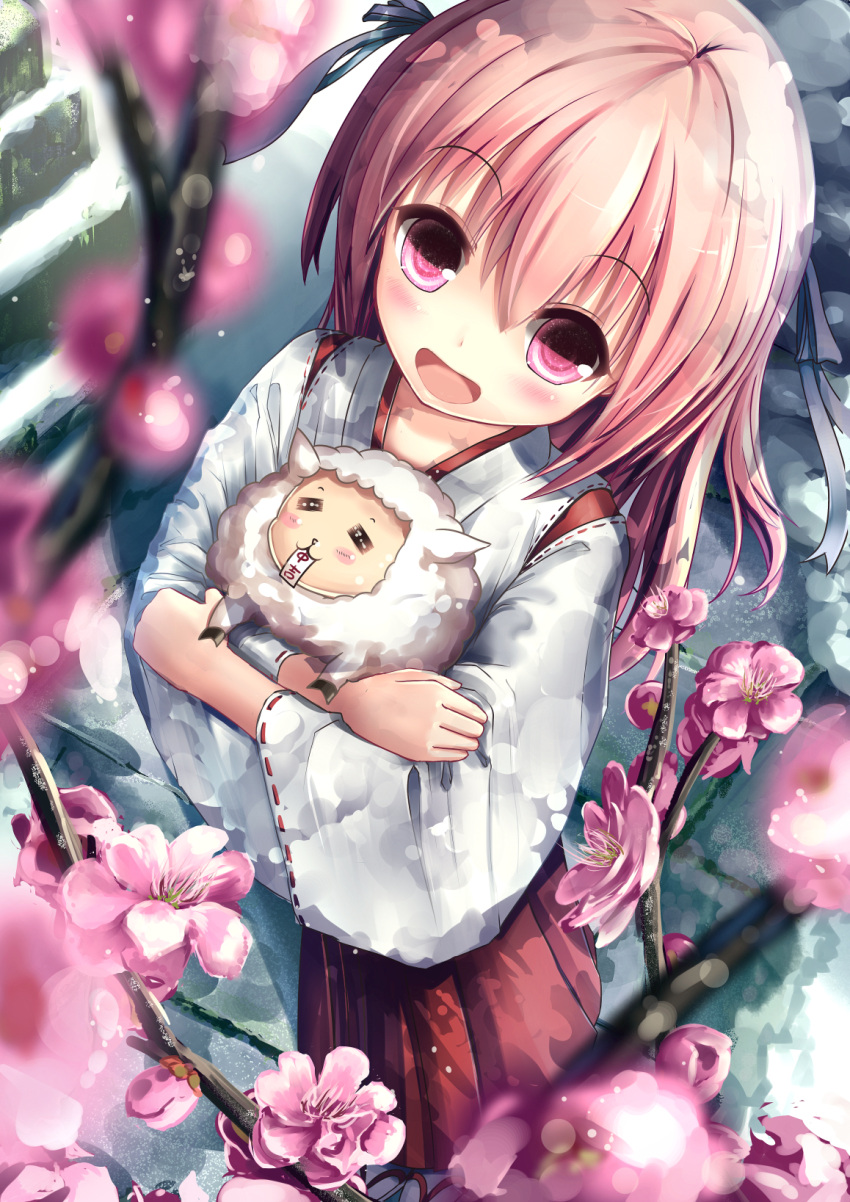 1girl :3 :d =_= bangs black_ribbon blurry blush depth_of_field eyebrows_visible_through_hair hair_between_eyes hair_ribbon highres holding japanese_clothes light_brown_hair long_hair looking_at_viewer miko missile228 mouth_hold object_hug omikuji open_mouth original pink_eyes pink_flower ribbon ribbon-trimmed_sleeves ribbon_trim sheep smile solo standing wide_sleeves year_of_the_ram