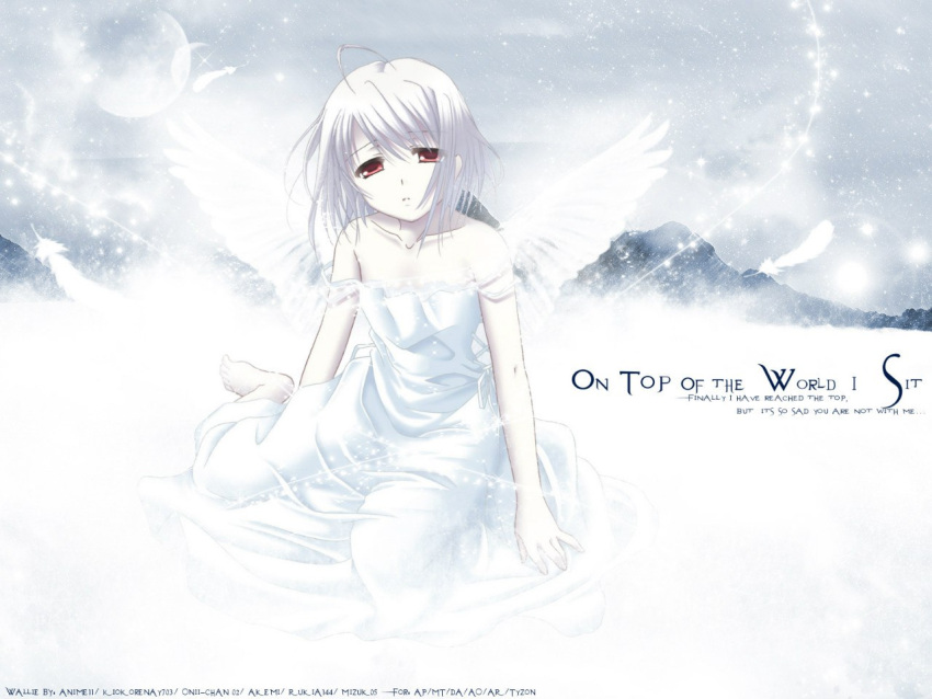 1girl ahoge angel angel_wings artist_request bare_shoulders bent_knees dress feathers looking_at_viewer medium_hair moon open_mouth red_eyes rino_(white_clarity) sitting solo text white_clarity white_dress white_hair white_wings wings