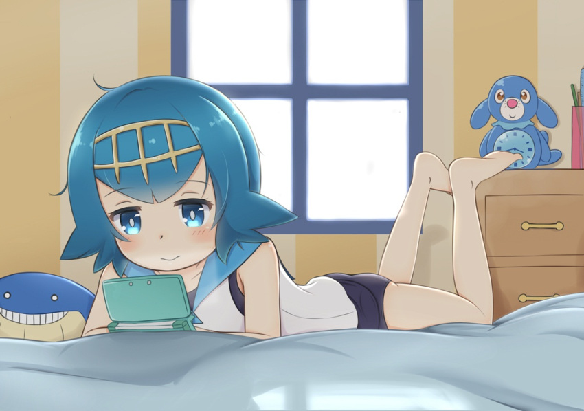 1girl :&gt; ass bare_arms bare_legs barefoot bed bed_sheet blue_hair blush clock eye_reflection feet hair_ornament handheld_game_console indoors legs nintendo_3ds nintendo_ds on_bed playing_games pokemon pokemon_(game) pokemon_sm popplio reflection short_hair sleeveless smile solo suiren_(pokemon) swimsuit swimsuit_under_clothes wailmer window