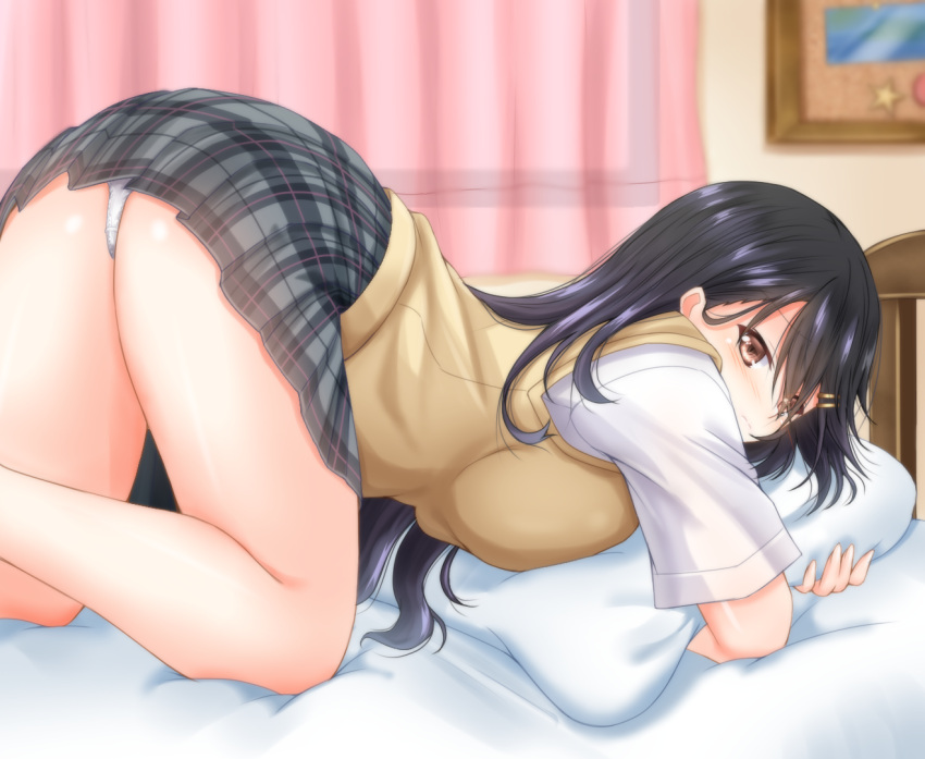 1girl alternate_costume ass bed bed_sheet bedroom black_hair blue_skirt blush breast_press breasts brown_eyes casual curtains denpa_(denpae29) from_behind hair_between_eyes hair_ornament hairclip haruna_(kantai_collection) indoors kantai_collection large_breasts long_hair looking_at_viewer lying miniskirt panties pantyshot pantyshot_(lying) pillow pillow_hug plaid plaid_skirt pleated_skirt school_uniform shirt short_sleeves skirt skirt_set solo sweater_vest thighs top-down_bottom-up underwear white_panties white_shirt