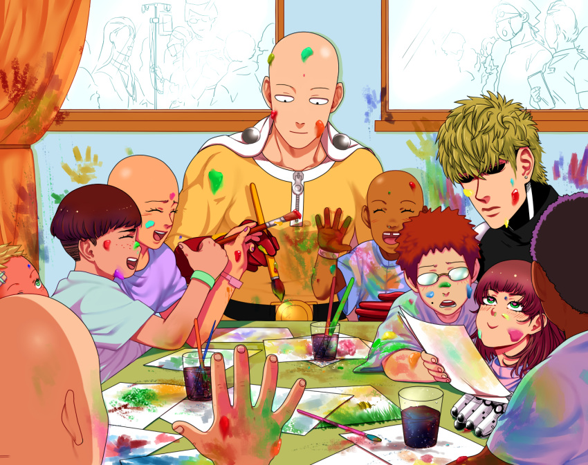 bald blonde_hair brown_hair closed_eyes cup curtains cyborg dirty doctor earrings freckles frown genos glasses hat jewelry nurse one-punch_man open_mouth paint paintbrush redhead saitama_(one-punch_man) smile stud_earrings surgical_mask tariah_furlow tooth_gap unfinished water window