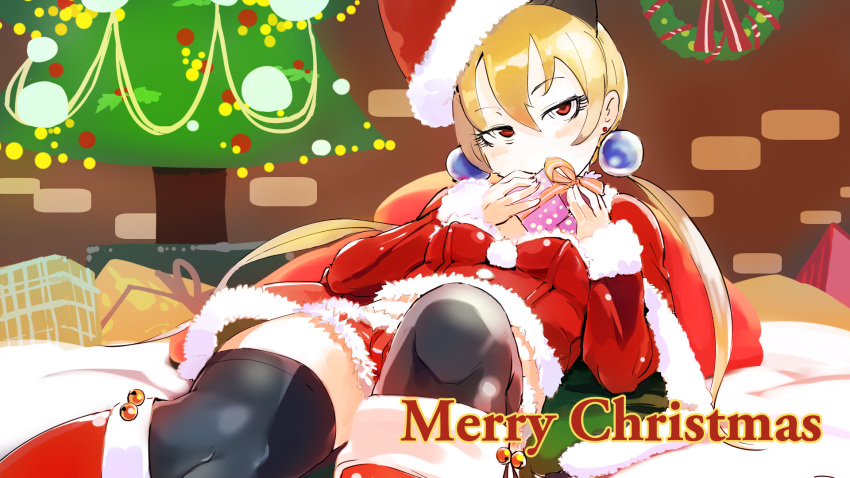 1girl alisa_southerncross bangs blonde_hair blush boots breasts brick_wall capelet christmas_tree detached_sleeves earrings english foreshortening fur_trim gift hair_between_eyes head_tilt highres holding holding_gift indoors jewelry keroro_gunsou knee_boots looking_at_viewer lying merry_christmas on_back red_boots red_shorts santa_costume shiny shiny_hair short_shorts shorts sinzan small_breasts smile solo stud_earrings thigh-highs