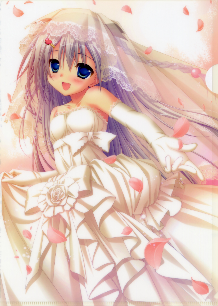 1girl :d absurdres aoi_yachiho armpits bare_shoulders blue_eyes blush braid bridal_gauntlets bridal_veil chikotam d: dress elbow_gloves f&amp;c gloves hair_ornament hairpin highres koi_imo_sweet_days looking_at_viewer open_mouth outstretched_arm petals purple_hair rose_petals see-through smile tareme veil wedding_dress white_dress