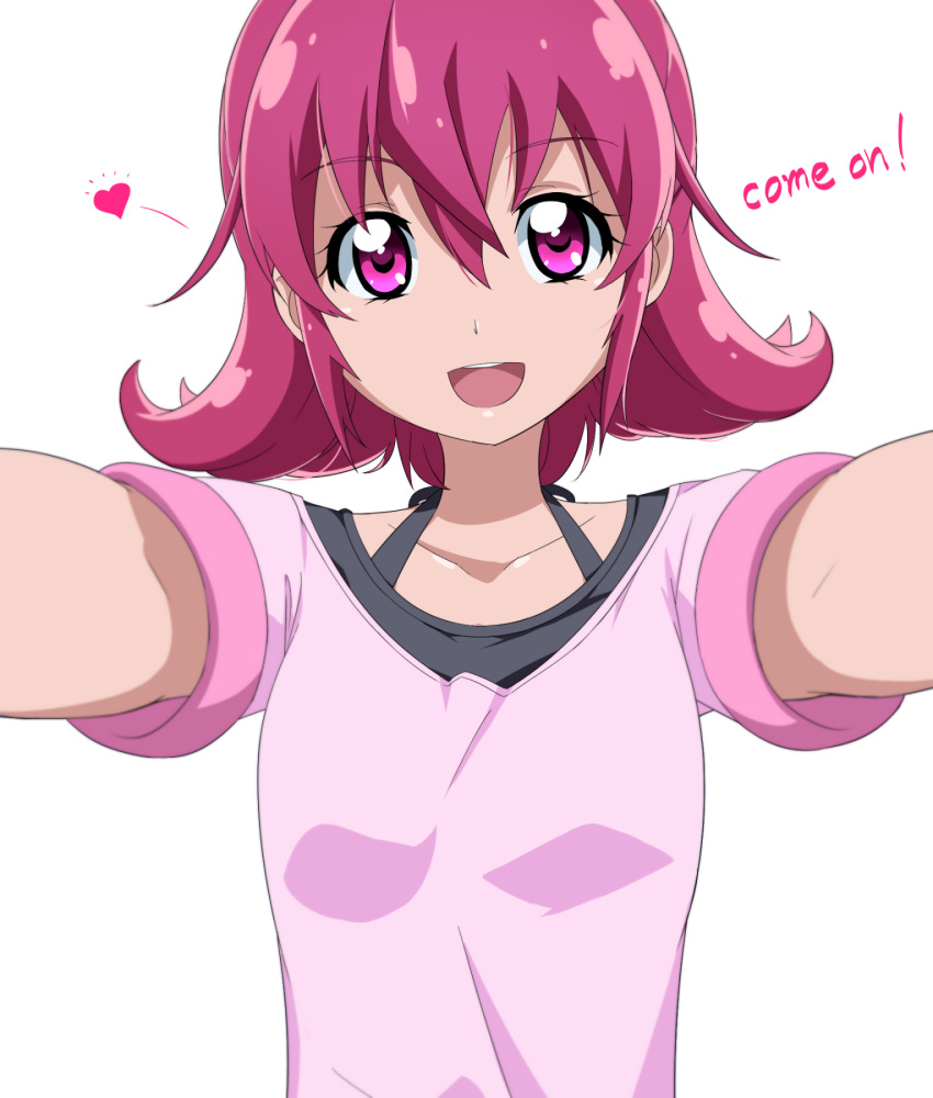 1girl :d acchi_(koiyimknp) aida_mana dokidoki!_precure english heart highres looking_at_viewer open_mouth pink_eyes pink_hair precure self_shot smile solo