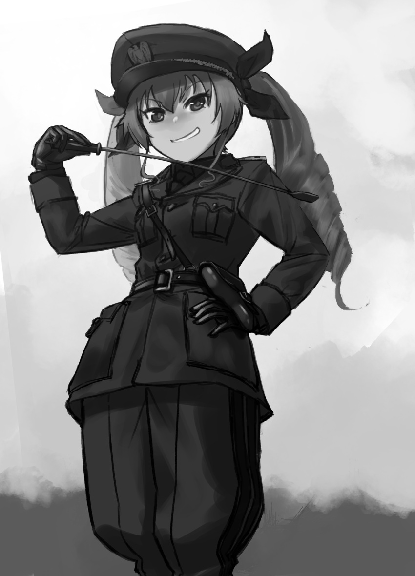 1girl anchovy belt brown_eyes drill_hair girls_und_panzer gloves hat hettsuaa highres long_hair military military_hat military_uniform riding_crop simple_background sketch smile solo twin_drills uniform