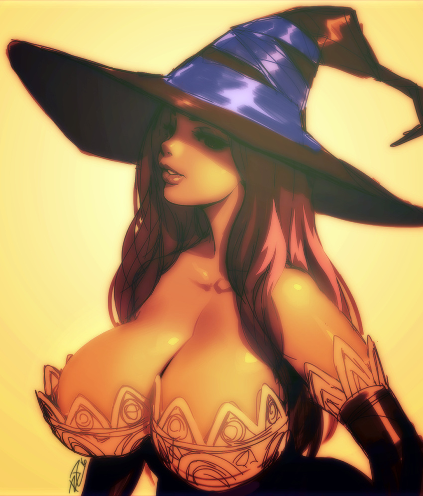 1girl backlighting breasts brown_hair cleavage detached_sleeves dragon's_crown dress hat hat_ribbon highres huge_breasts lips long_hair parted_lips ribbon robert_porter signature sketch solo sorceress_(dragon's_crown) strapless strapless_dress upper_body witch_hat