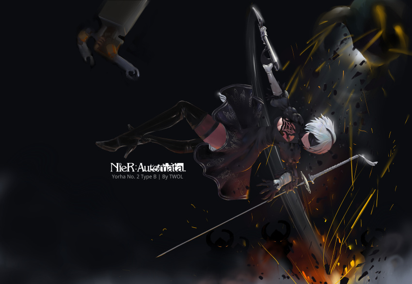 1girl absurdres artist_name battle black_background black_boots black_dress black_legwear blindfold boots breasts character_name cleavage cleavage_cutout copyright_name dress full_body gloves hairband high_heel_boots high_heels highres juliet_sleeves large_breasts long_sleeves mole mole_under_mouth nier_(series) nier_automata pod_(nier_automata) puffy_sleeves short_hair silver_hair simple_background slashing sparks sword thigh-highs thigh_boots twol_(753242229) weapon yorha_unit_no._2_type_b zettai_ryouiki