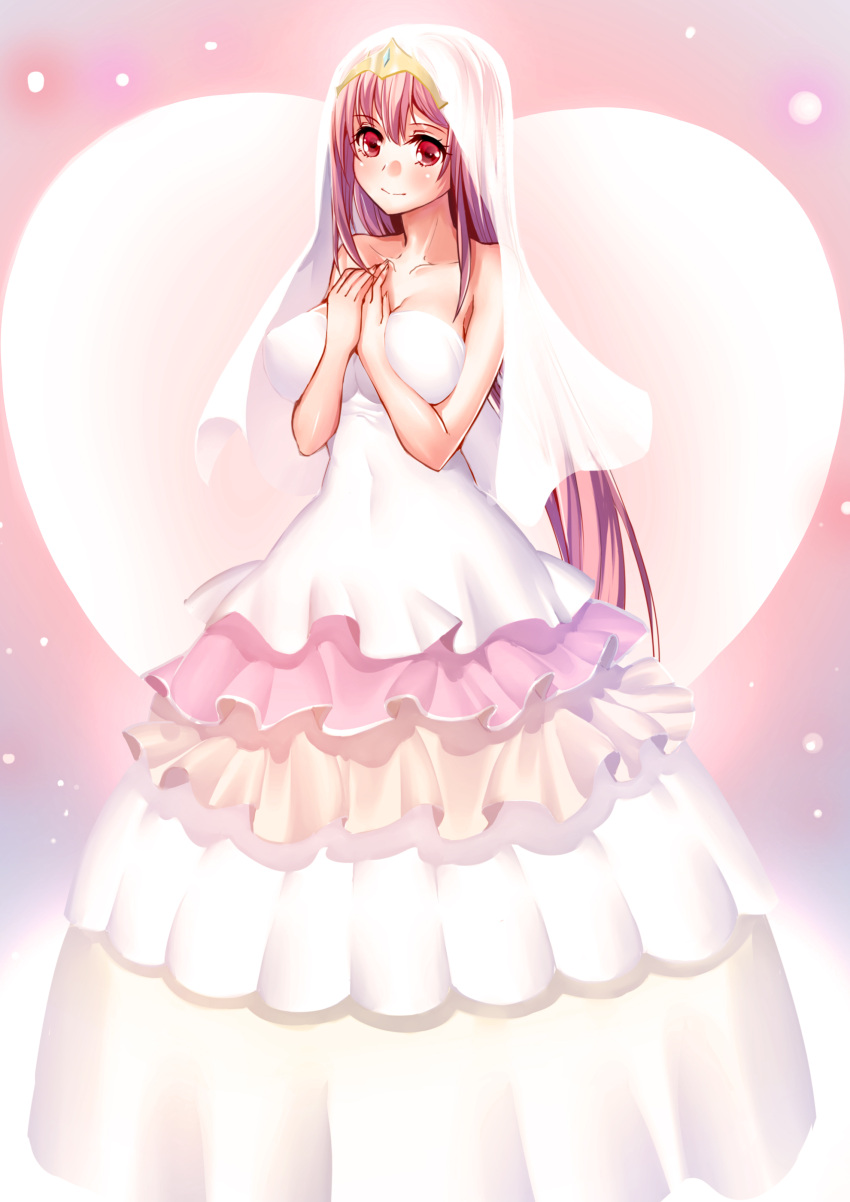 1girl absurdres breasts covered_navel dress exeter_(zhan_jian_shao_nyu) frilled_dress frills full_body hands_on_own_chest highres large_breasts long_hair looking_at_viewer onceskylark purple_hair smile solo standing strapless strapless_dress tiara veil very_long_hair violet_eyes wedding_dress zhan_jian_shao_nyu