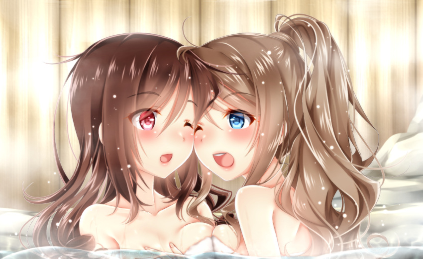 2girls ;d ;o alternate_hairstyle asakaze_(kantai_collection) back bare_shoulders baretto bath bathing blue_eyes blush breast_press breasts brown_hair cheek-to-cheek collarbone eye_contact female hair_down hair_up harukaze_(kantai_collection) highres kantai_collection long_hair looking_at_another multiple_girls naked_towel neck one_eye_closed onsen open_mouth ponytail red_eyes round_teeth smile steam submerged symmetrical_docking teeth towel upper_body water wavy_hair wince wink wooden_wall yuri