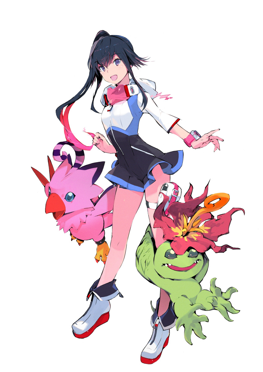1girl absurdres bird black_dress black_hair blue_eyes boots claws creature digimon digimon_world_-next_0rder- dress flower flower_on_head full_body goggles goggles_around_neck green_eyes high_ponytail highres holster multicolored_dress multicolored_hair official_art open_mouth palmon pink_wristband piyomon plant ponytail pouch shiki_(digimon_world_-next_0rder-) short_dress sleeves_past_elbows smile streaked_hair taiki_(luster) teeth thigh_holster tongue transparent_background violet_eyes white_boots white_dress wristband