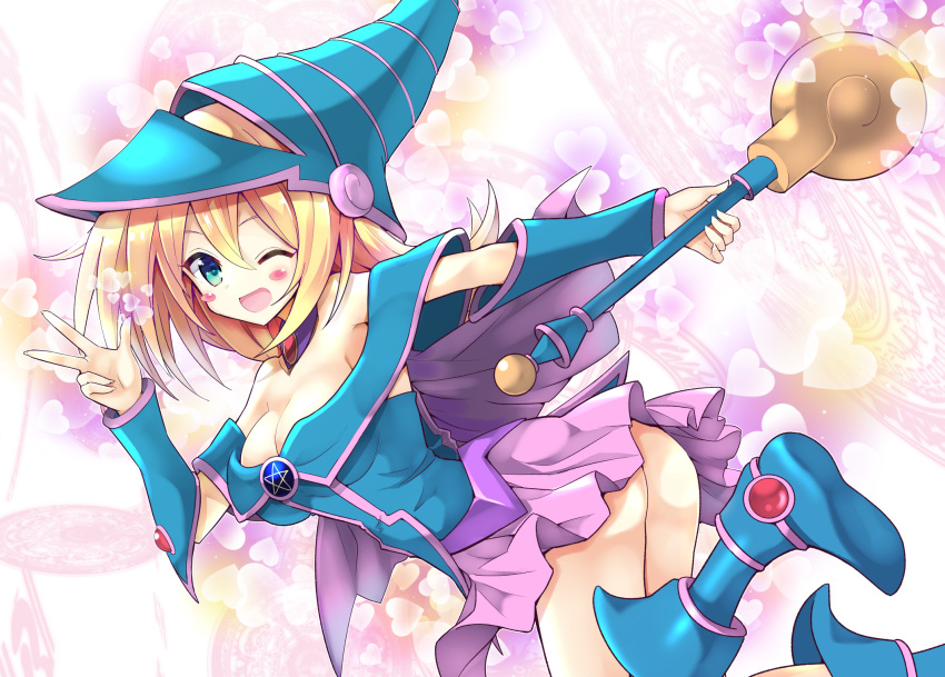 1girl ;d ass bare_shoulders bent_over blonde_hair blue_eyes blush_stickers boots breasts cleavage collar commentary_request dark_magician_girl duel_monster folded_leg gem happy hat heart heart_background highres long_hair looking_at_viewer nanakusa_(user_rnpt7322) no_panties off_shoulder one_eye_closed open_mouth pentagram skirt sleeveless smile solo staff strapless v vambraces wand wizard_hat yu-gi-oh!