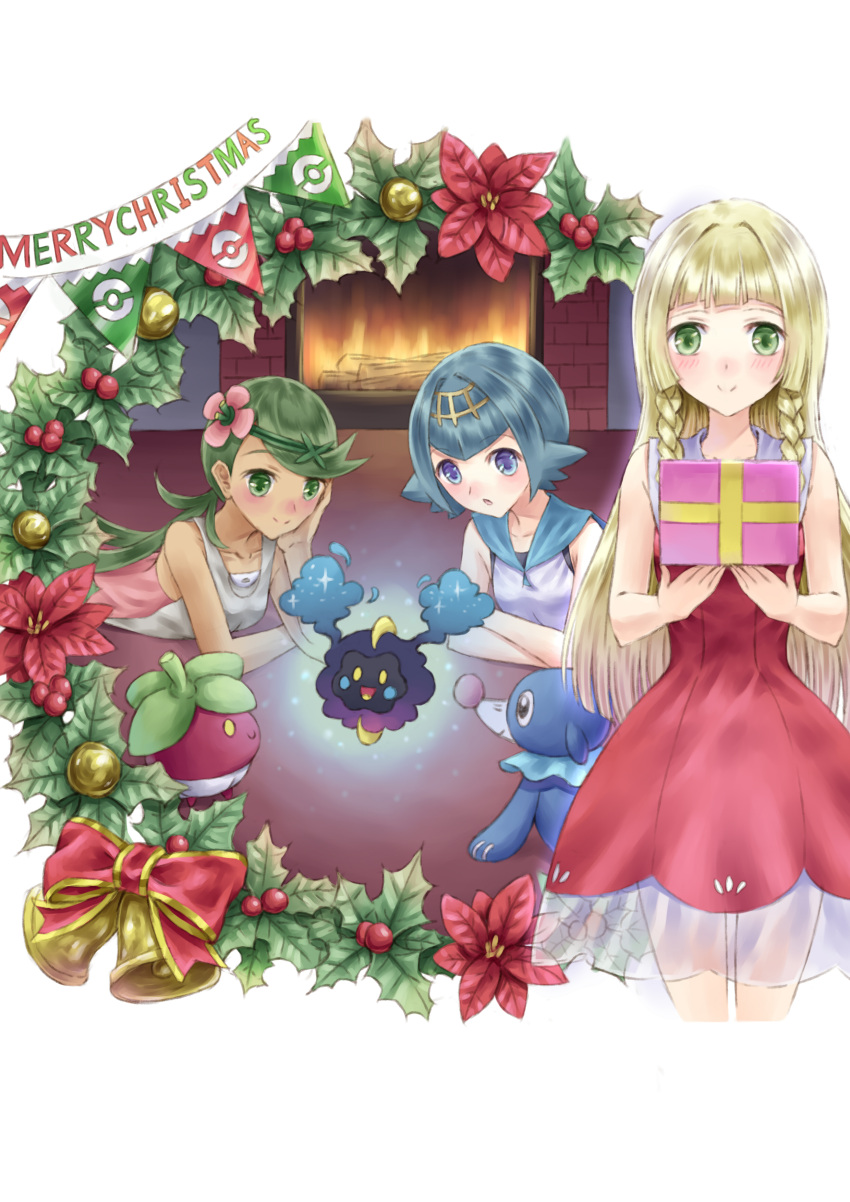 3girls absurdres adapted_costume bell blonde_hair blue_eyes blue_hair bounsweet braid cosmog dress fireplace flower gift green_eyes green_hair hair_flower hair_ornament hairband highres lillie_(pokemon) long_hair mallow_(pokemon) merry_christmas multiple_girls overalls pokemon pokemon_(creature) pokemon_(game) pokemon_sm popplio red_dress ribbon see-through short_hair sleeveless sleeveless_dress suiren_(pokemon) tobychou trial_captain twin_braids