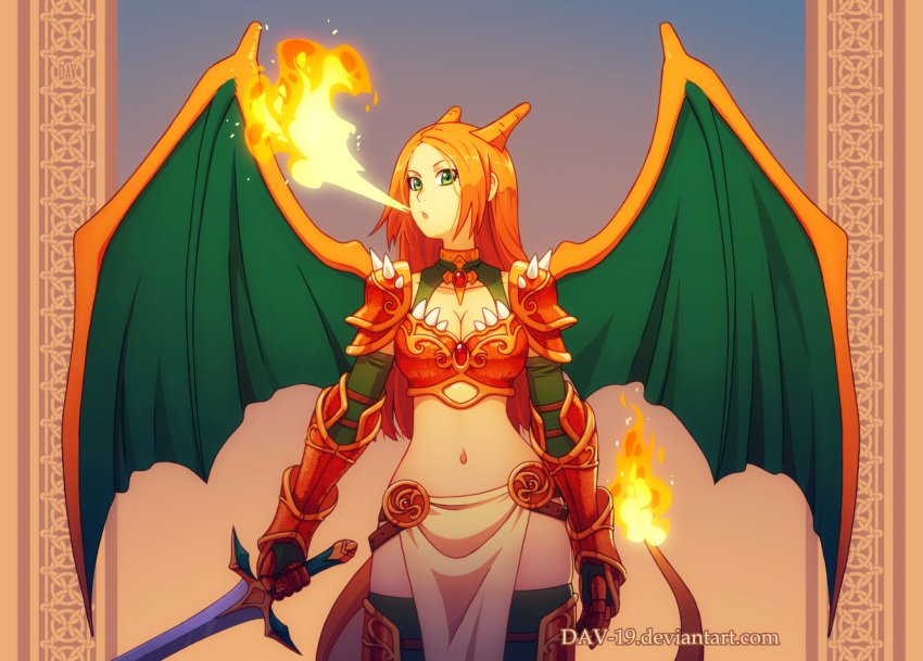 1girl armor breasts breathing_fire charizard cleavage cowboy_shot dav-19 dragon_girl dragon_wings elbow_gloves fiery_tail fire gauntlets gloves green_eyes horns lizard_tail long_hair midriff monster_girl navel orange_hair pauldrons pelvic_curtain personification pokemon shoulder_spikes solo spikes sword tail thigh-highs watermark weapon web_address wings