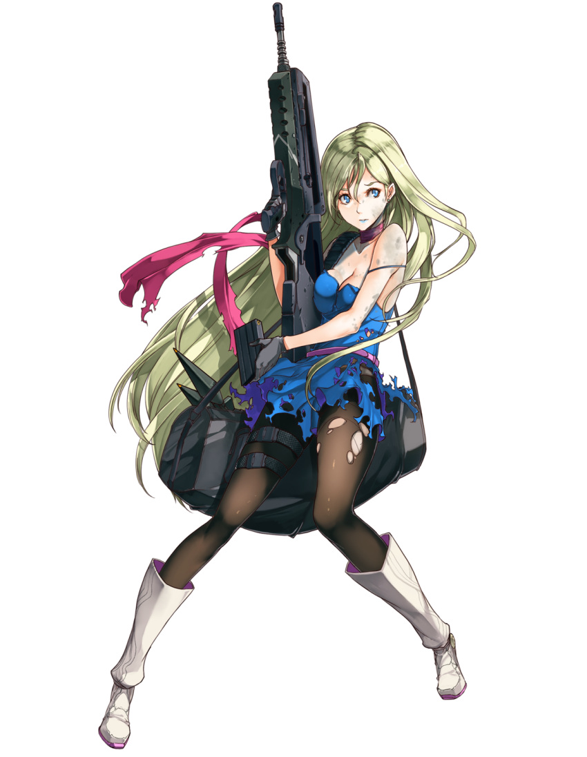1girl ammunition assault_rifle bag belt blue_eyes blue_hair boots breasts bullpup carrying carrying_over_shoulder cartridge cleavage cleavage_cutout dress eyebrows famas famas_(girls_frontline) finger_on_trigger girls_frontline gun highres holding holding_gun holding_weapon knee_boots long_hair looking_to_the_side matching_hair/eyes nose official_art pantyhose parted_lips reloading rifle silver_hair solo standing thigh_strap torn_clothes torn_dress torn_pantyhose transparent_background very_long_hair weapon white_boots