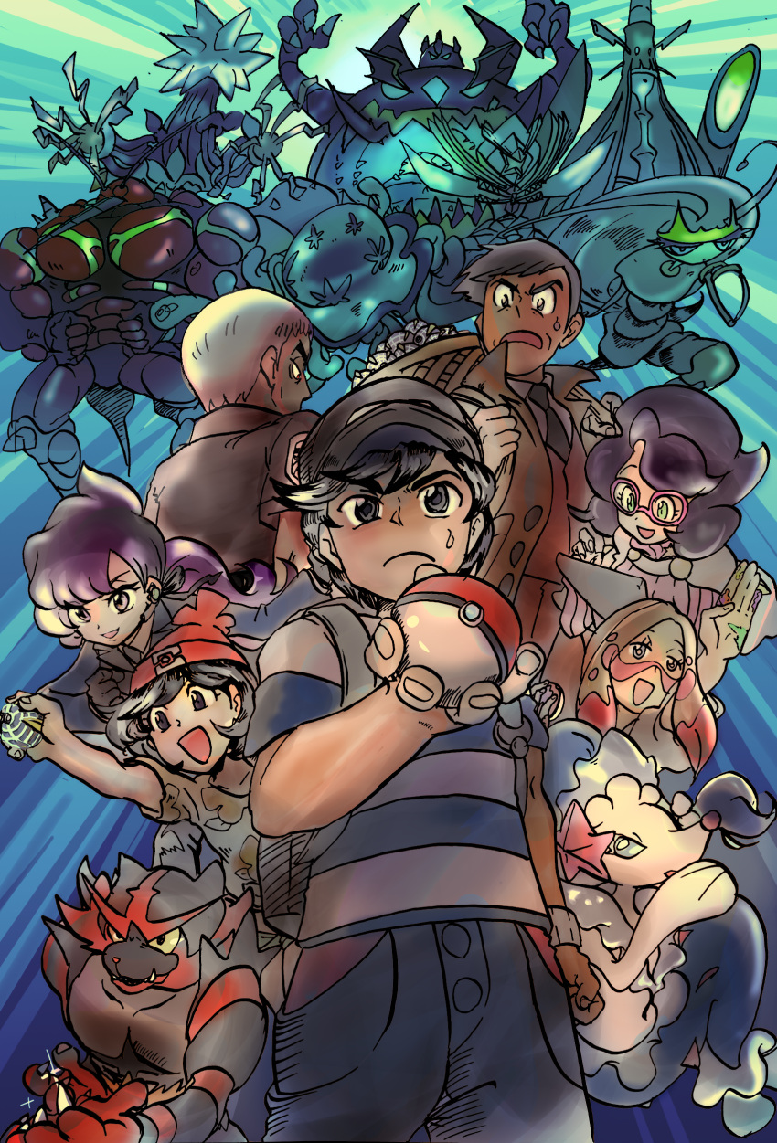 3boys 4girls absurdres baseball_cap beanie beast_ball black_hair black_necktie buzzwole celesteela earphones earphones f_(ffffff9910) female_protagonist_(pokemon_sm) glasses guzzlord handsome_(pokemon) hat highres holding holding_poke_ball incineroar island_kahuna kartana kuchinashi_(pokemon) lila_(pokemon) long_hair male_protagonist_(pokemon_sm) matsurika_(pokemon) multiple_boys multiple_girls necktie nihilego pheromosa pink-framed_eyewear poke_ball poke_ball_theme pokemon pokemon_(creature) pokemon_(game) pokemon_sm primarina red_hat shirt short_hair short_sleeves striped striped_shirt trial_captain ultra_beast wicke_(pokemon) xurkitree