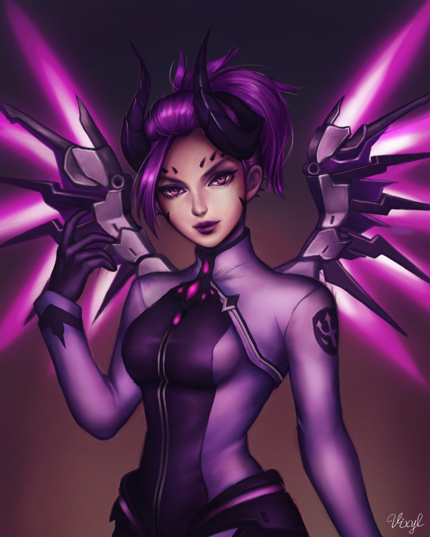 1girl alternate_costume artist_name bodysuit breasts closed_mouth dark_persona demon_horns demon_wings emblem eyelashes facial_mark forehead_mark glowing glowing_wings highres horns imp_mercy jewelry lily_santos looking_at_viewer mechanical_wings medium_breasts mercy_(overwatch) overwatch polearm ponytail purple_hair purple_wings solo trident upper_body violet_eyes weapon wings