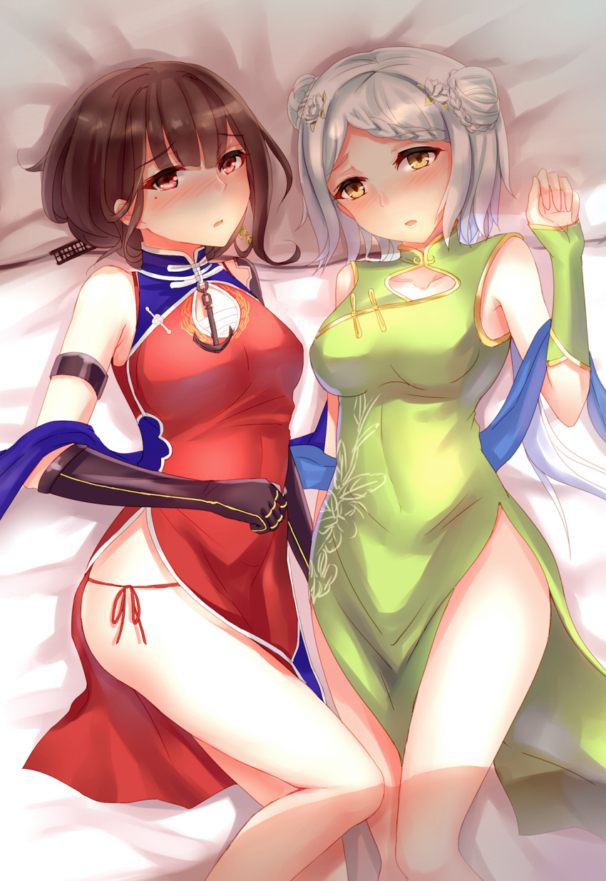 2girls rn aurora_(warship_girls_r) blush breasts china_dress chinese_clothes chongqing_(warship_girls_r) cleavage_cutout dress elbow_gloves gloves highres large_breasts looking_at_viewer lying medium_breasts mole mole_under_eye multiple_girls on_back red_eyes short_hair side_slit silver_hair thighs warship_girls_r yat_sen_(warship_girls_r) yellow_eyes yuemanhuaikong
