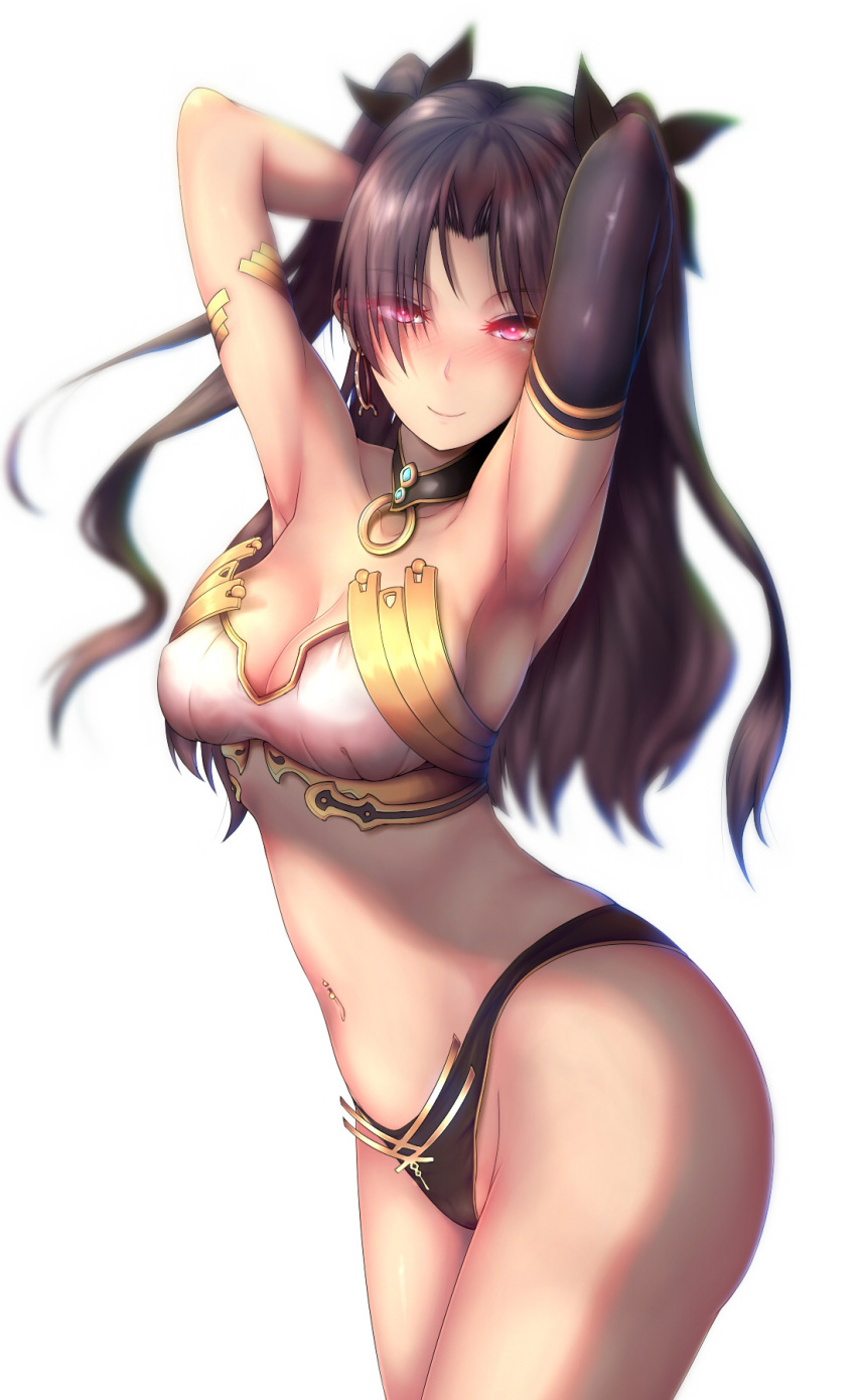 armpits arms_behind_head black_hair blush breasts choker cleavage fate/grand_order fate_(series) groin highres ishtar_(fate/grand_order) kazedesune medium_breasts navel red_eyes sideboob sketch tohsaka_rin twintails white_background