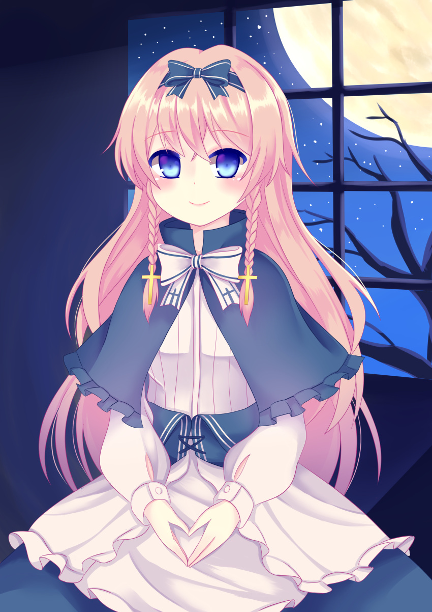 1girl absurdres apron asusilver_(artist) bare_tree blonde_hair blue_bow blue_hair blue_skirt bow braid capelet closed_mouth corset cross_hair_ornament eyebrows_visible_through_hair frills full_moon hair_between_eyes hair_bow hair_ornament harpae highres long_hair long_sleeves moon night night_sky own_hands_together pocket_mirror shirt skirt sky smile solo star_(sky) starry_sky striped striped_bow tree twin_braids very_long_hair waist_apron white_bow white_shirt window